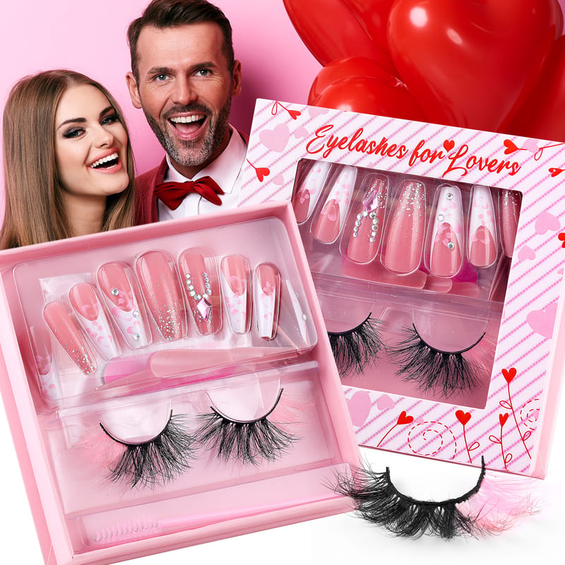 Valentine's Day Colored Faux Mink Lashes And Nails Set