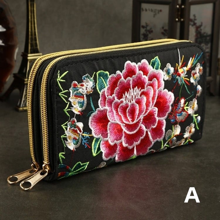 National style embroidered coin purse double-sided embroidery double zipper women's handbag peony flower embroidery