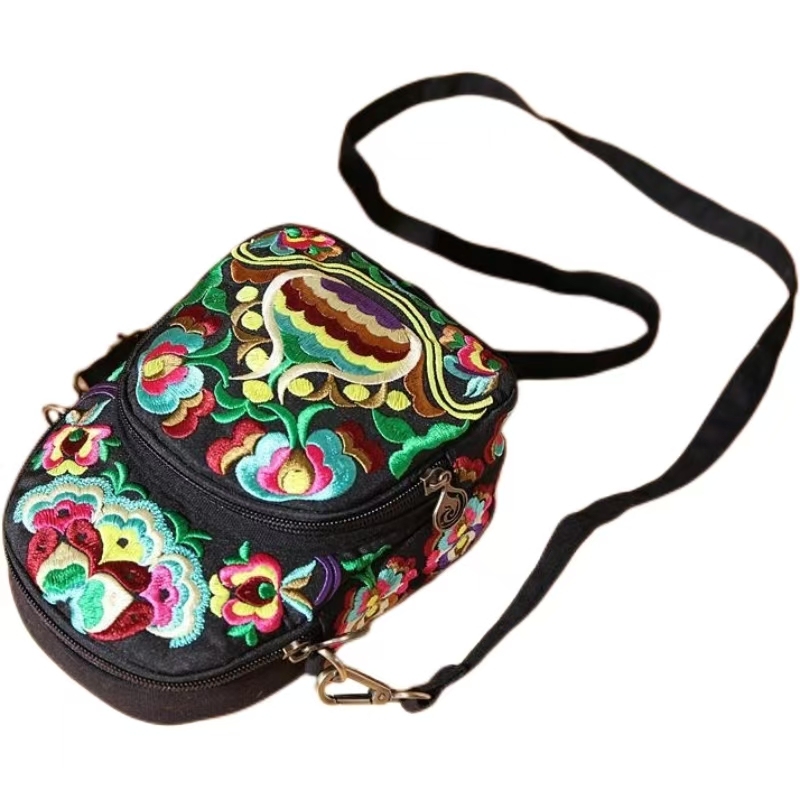 Crossbody bag, women's large-capacity mobile phone bag, shoulder canvas bag, Yunnan ethnic characteristics embroidery small