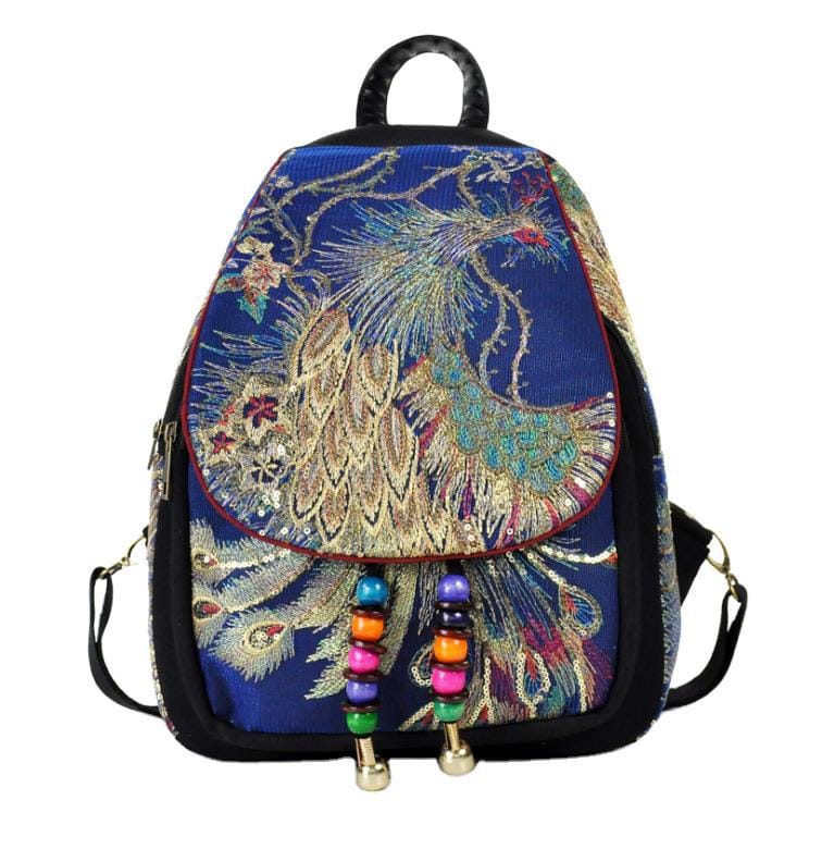 New Sequin Peacock Backpack Ethnic Style Embroidery Women's Bag Embroidery Bag Canvas Women's Backpack
