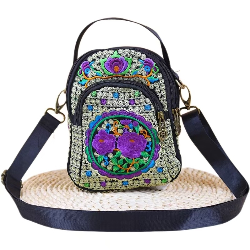 Yunnan ethnic style cross-body bag three zipper canvas embroidery crossbody shoulder dual-purpose bag embroidered women's mobile phone bag