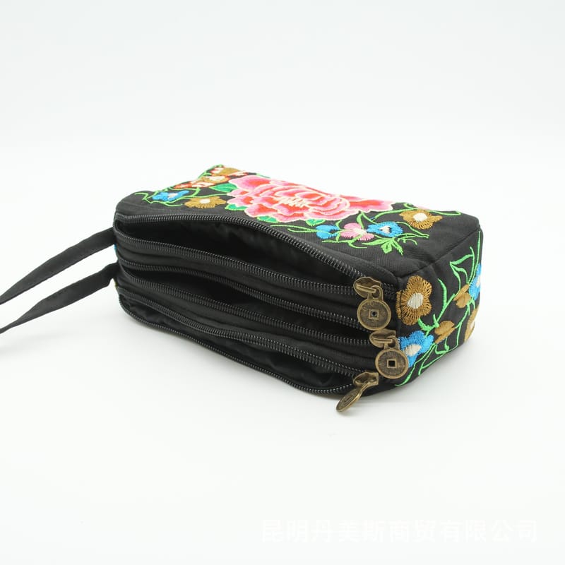 2024 style three zipper ethnic embroidery bag embroidery change mobile phone bag mom grocery handbag clutch