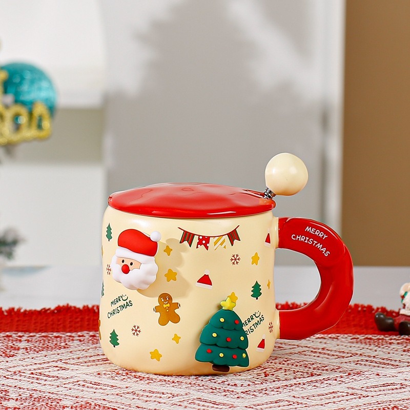 Creative DIY Magnetic Christmas Mug With Cap Spoon Large Capacity Christmas Cartoon Santa Claus Ceramic Mug