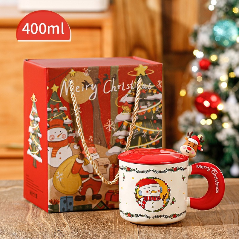 Creative DIY Magnetic Christmas Mug With Cap Spoon Large Capacity Christmas Cartoon Santa Claus Ceramic Mug