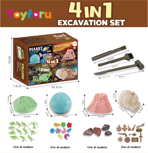 4-in-1 digging toys to discover and study hidden treasures set