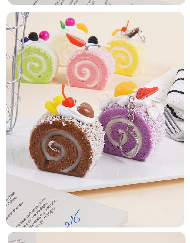 PU Simulated Fruit Cake Swiss Roll Keychain Pendant – Cute Dessert Food Toy