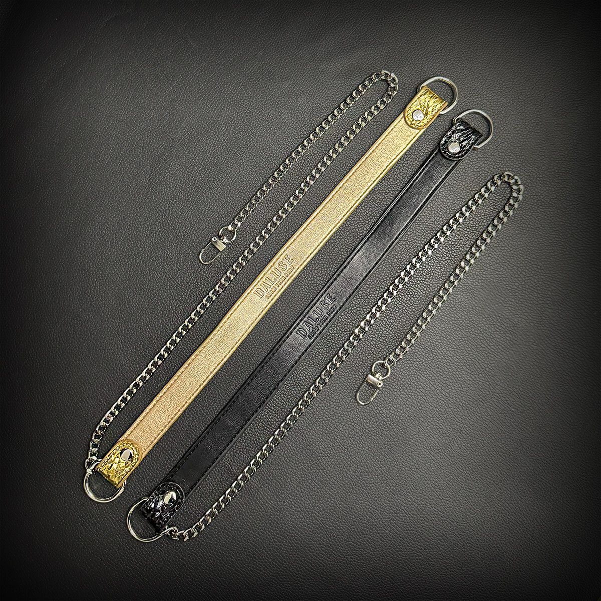 Daluse [Shatter] Crushed Black Gold Leather Collar Single Titanium Steel Chain Versatile Fashion Choker