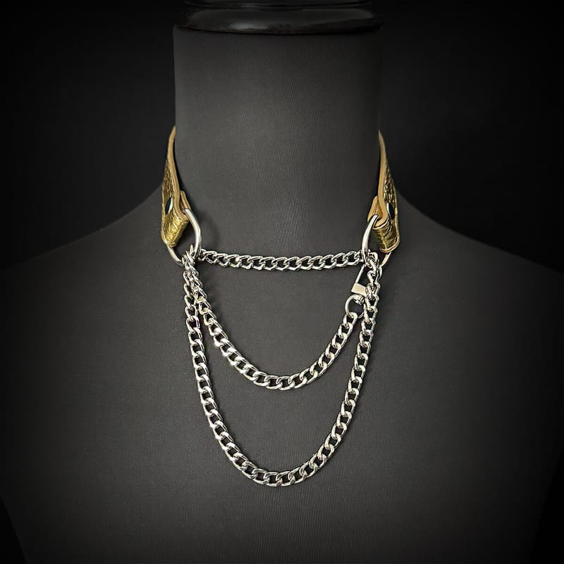 Daluse [Shatter] Crushed Black Gold Leather Collar Single Titanium Steel Chain Versatile Fashion Choker