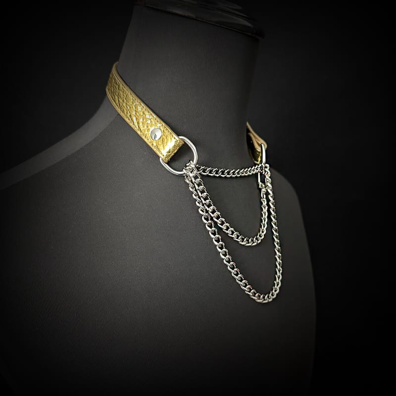 Daluse [Shatter] Crushed Black Gold Leather Collar Single Titanium Steel Chain Versatile Fashion Choker