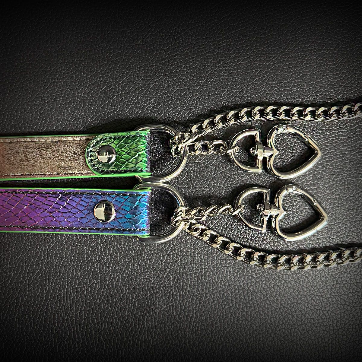 Daluse [Forest] Double Heart Shaped Buckle Titanium Steel Chain Colorful Leather Choker
