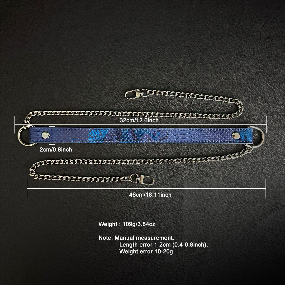 Daluse [Zora] Blue Snake Leather Double Titanium Steel Chain Choker And Blue Snake Leather Silver Chain Adjustable Cuff Combination