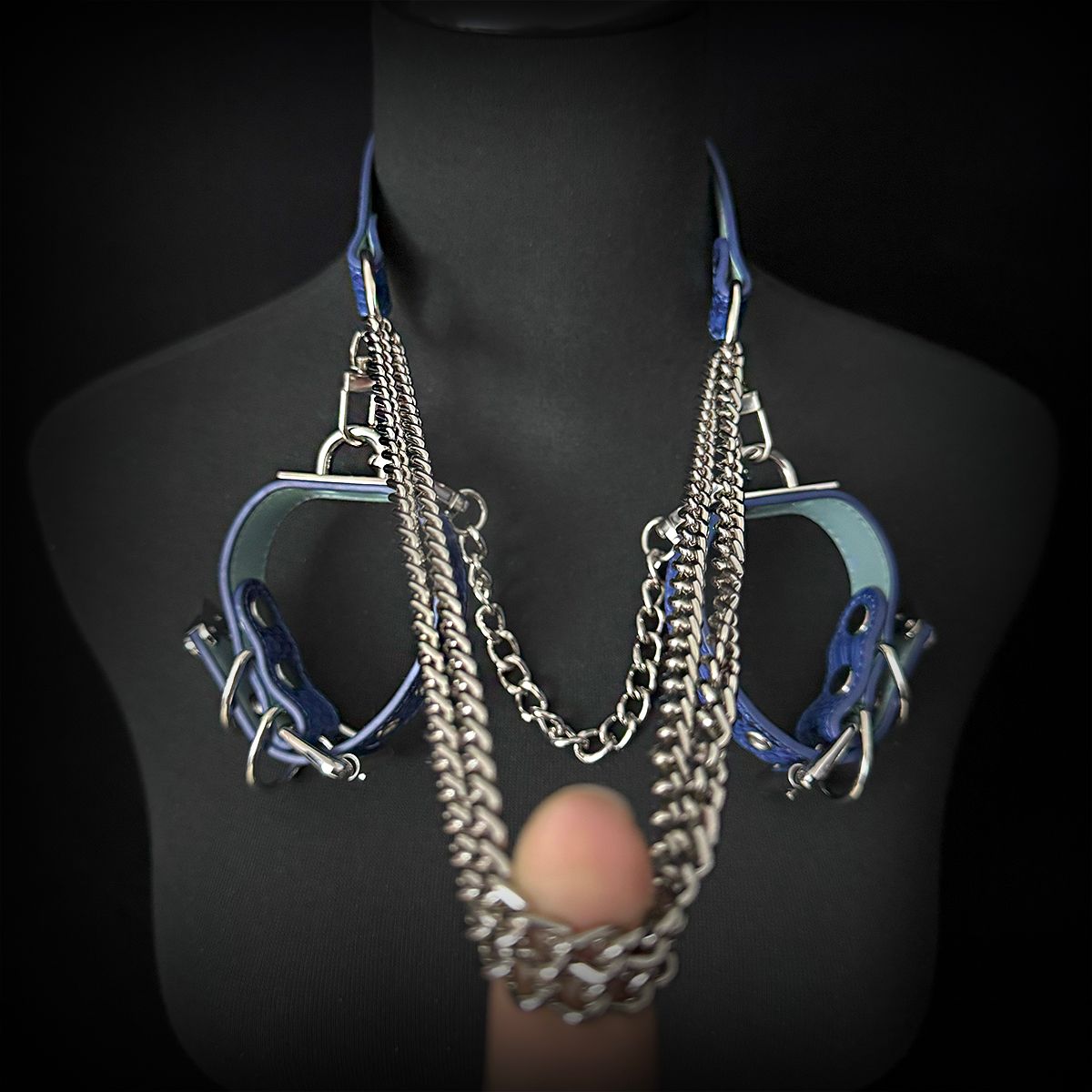 Daluse [Zora] Blue Snake Leather Double Titanium Steel Chain Choker And Blue Snake Leather Silver Chain Adjustable Cuff Combination
