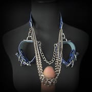 Daluse [Zora] Blue Snake Leather Double Titanium Steel Chain Choker And Blue Snake Leather Silver Chain Adjustable Cuff Combination