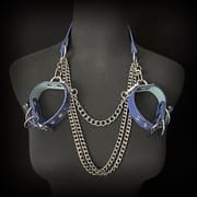 Daluse [Zora] Blue Snake Leather Double Titanium Steel Chain Choker And Blue Snake Leather Silver Chain Adjustable Cuff Combination