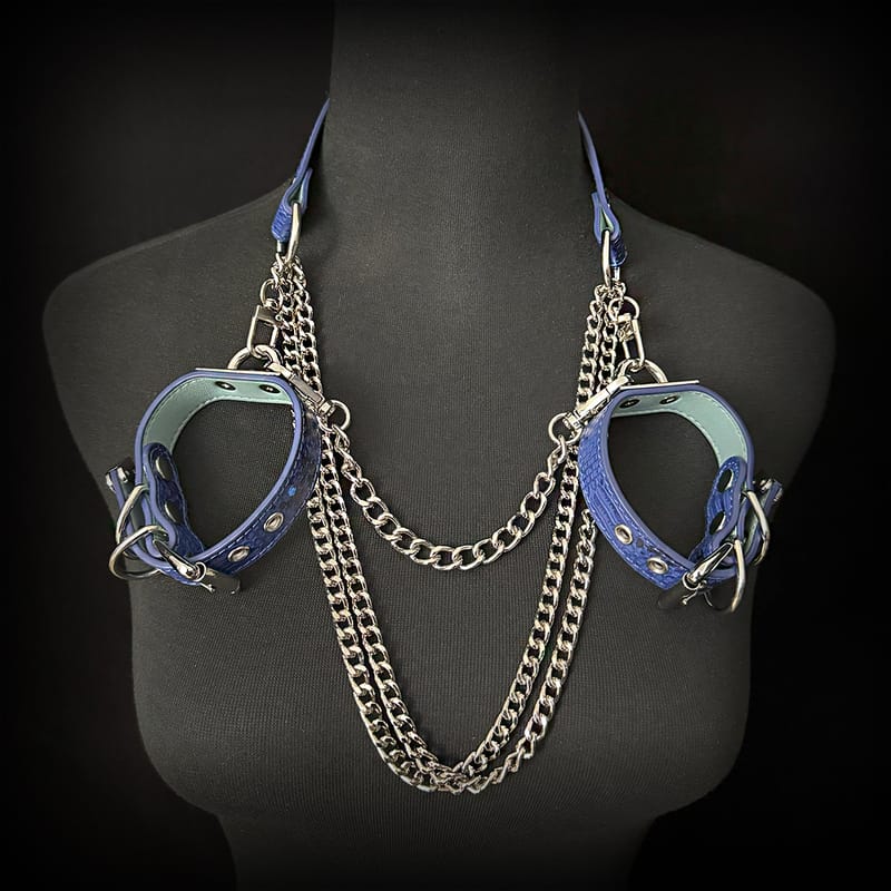 Daluse [Zora] Blue Snake Leather Double Titanium Steel Chain Choker And Blue Snake Leather Silver Chain Adjustable Cuff Combination