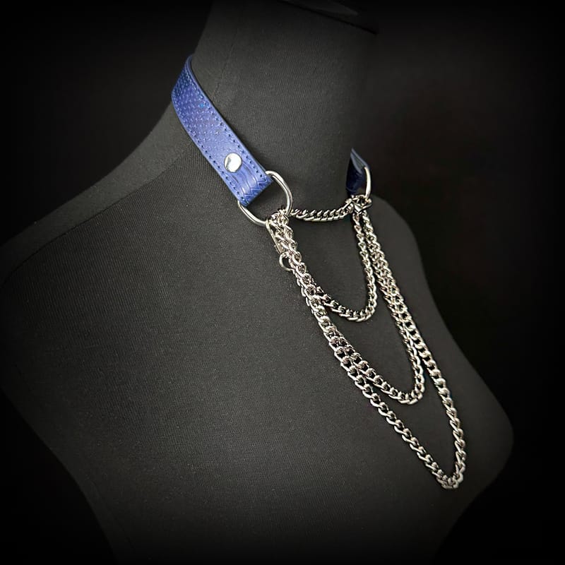 Daluse [Noelle] Blue Snake Leather Collar Double Titanium Steel Chain Adjustment Choker