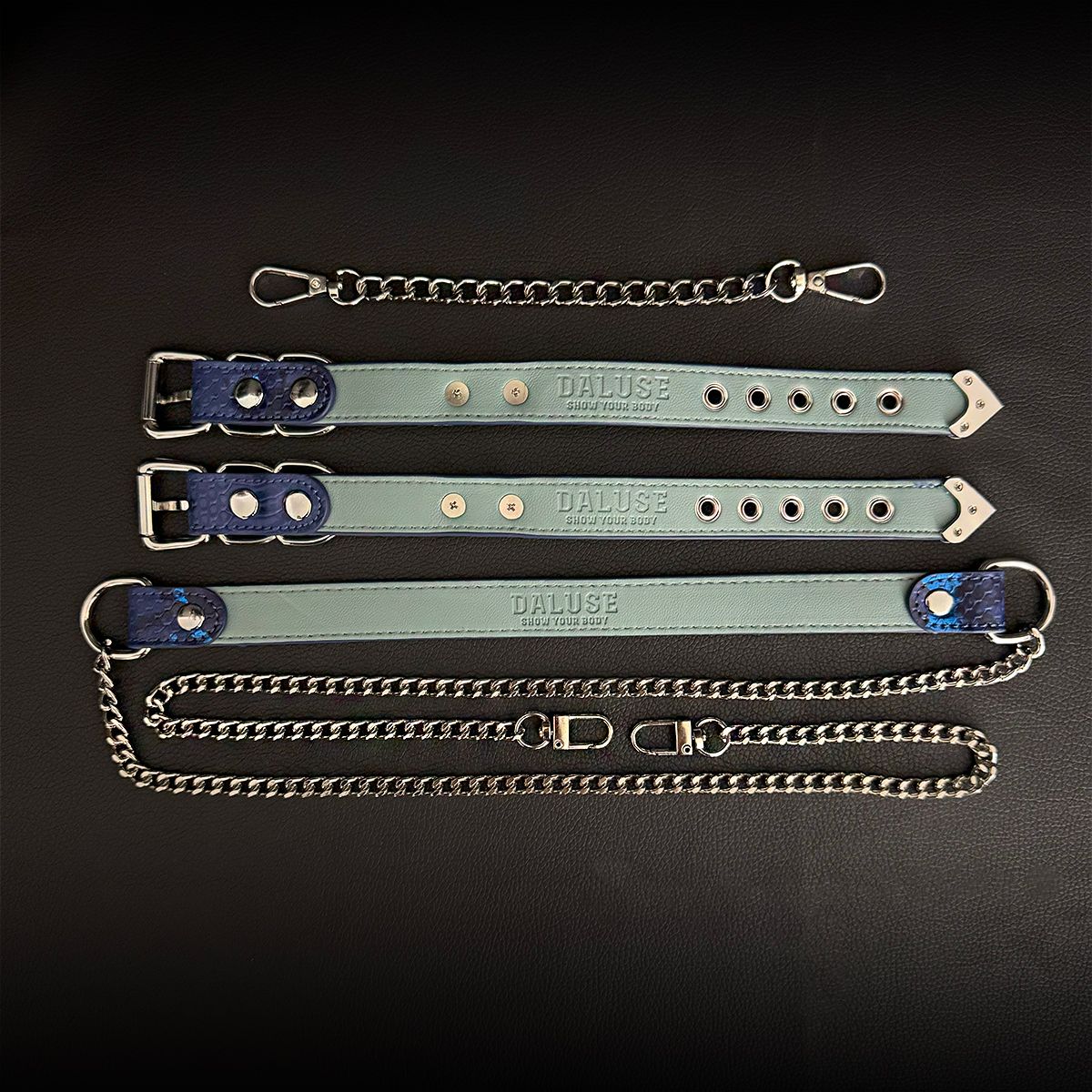 Daluse [Zora] Blue Snake Leather Double Titanium Steel Chain Choker And Blue Snake Leather Silver Chain Adjustable Cuff Combination