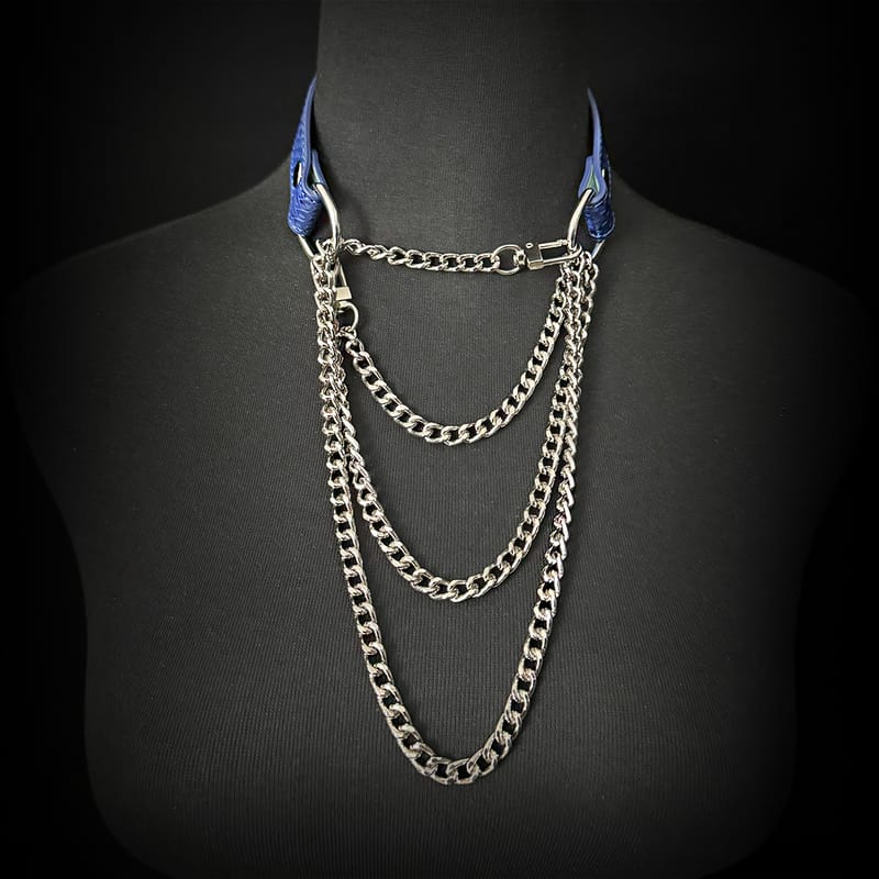 Daluse [Noelle] Blue Snake Leather Collar Double Titanium Steel Chain Adjustment Choker
