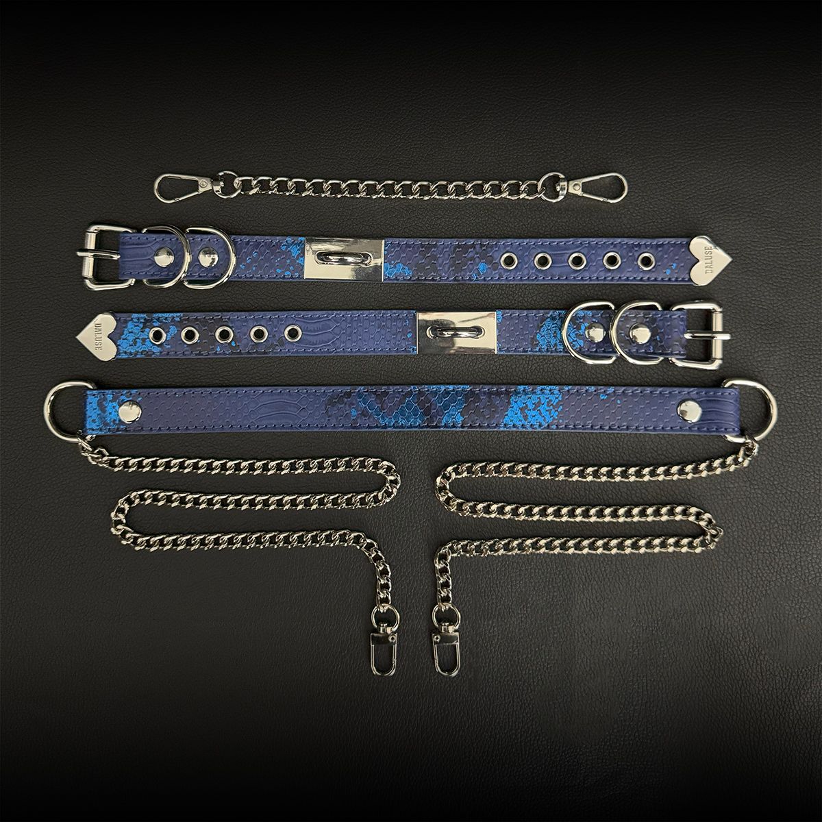 Daluse [Zora] Blue Snake Leather Double Titanium Steel Chain Choker And Blue Snake Leather Silver Chain Adjustable Cuff Combination