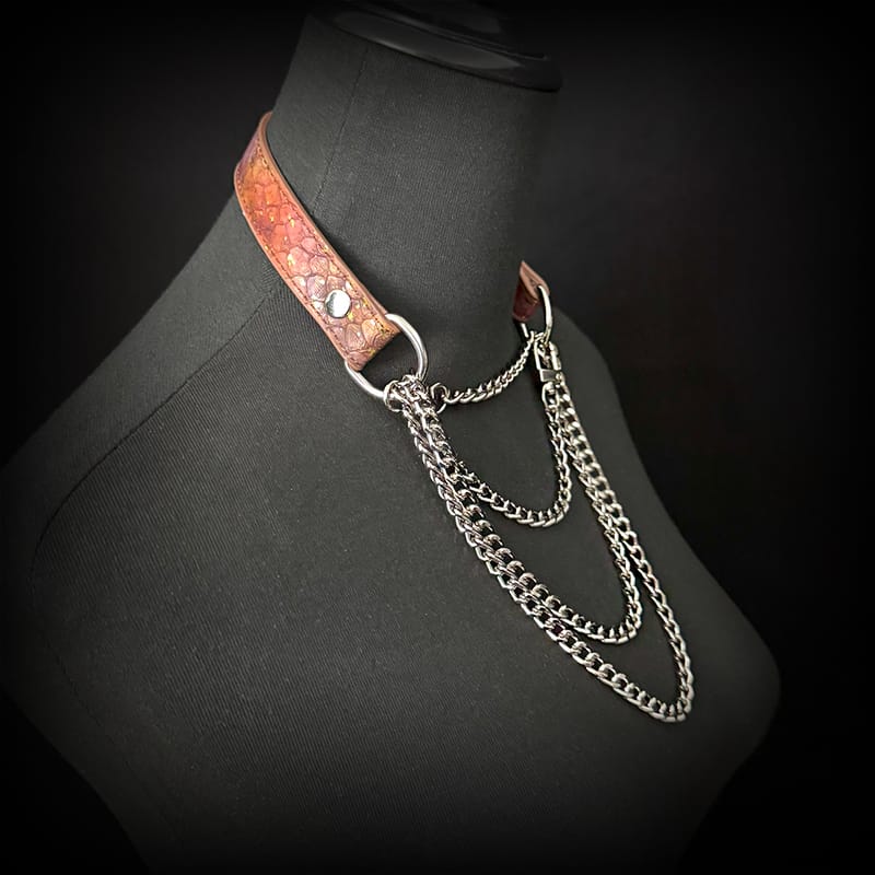 Daluse [Anais] Gold Spotted Purple Orange Snake Leather Choker Double Titanium Steel Chain Adjuster Necklace