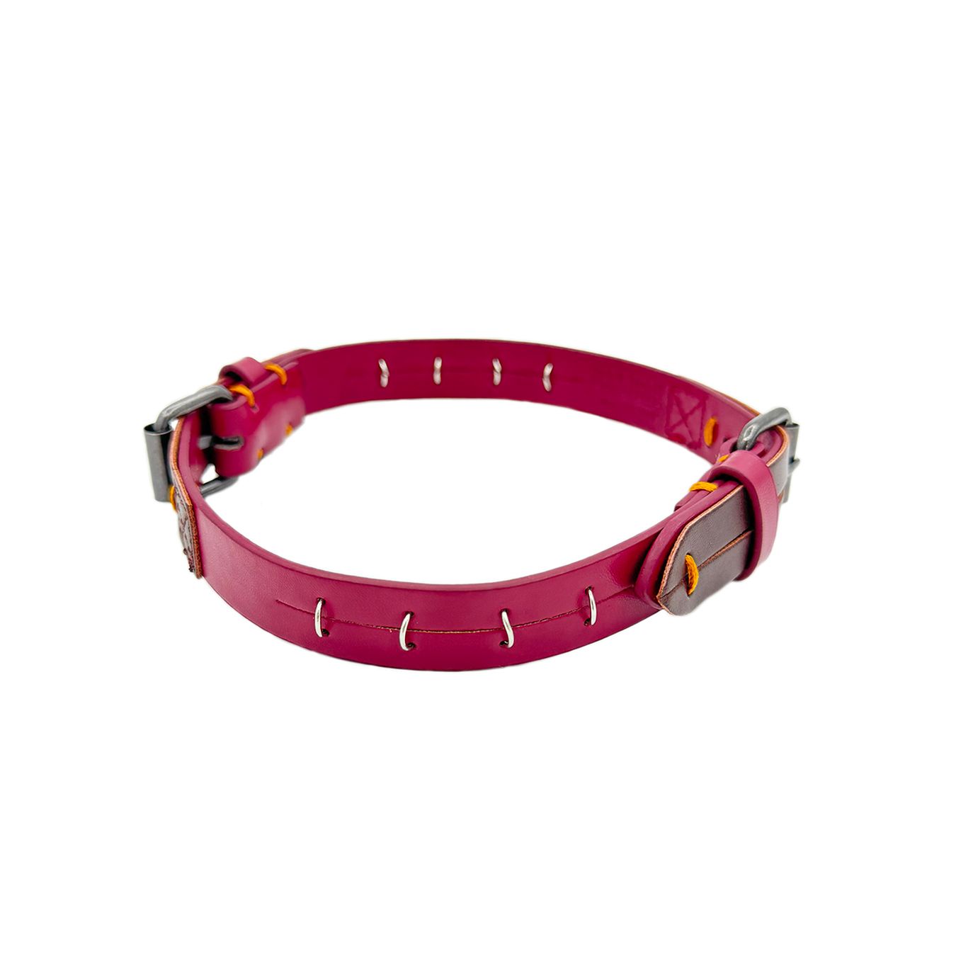 Daluse [Ember] Red Leather Silver Ring Stitching Splicing 2-In-1 Choker And Cuffs