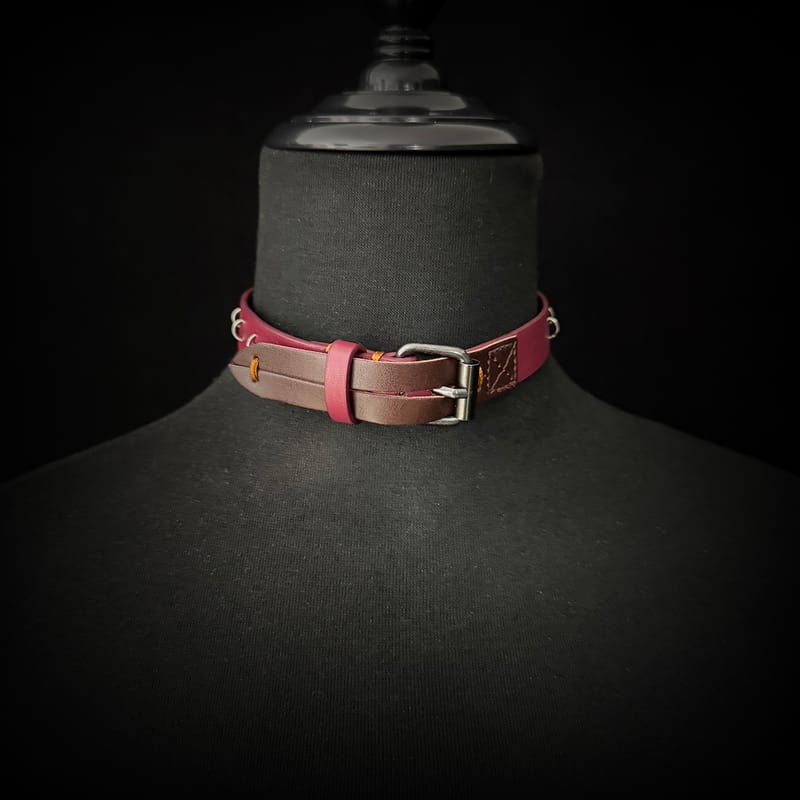 Daluse [Ember] Red Leather Silver Ring Stitching Splicing 2-In-1 Choker And Cuffs
