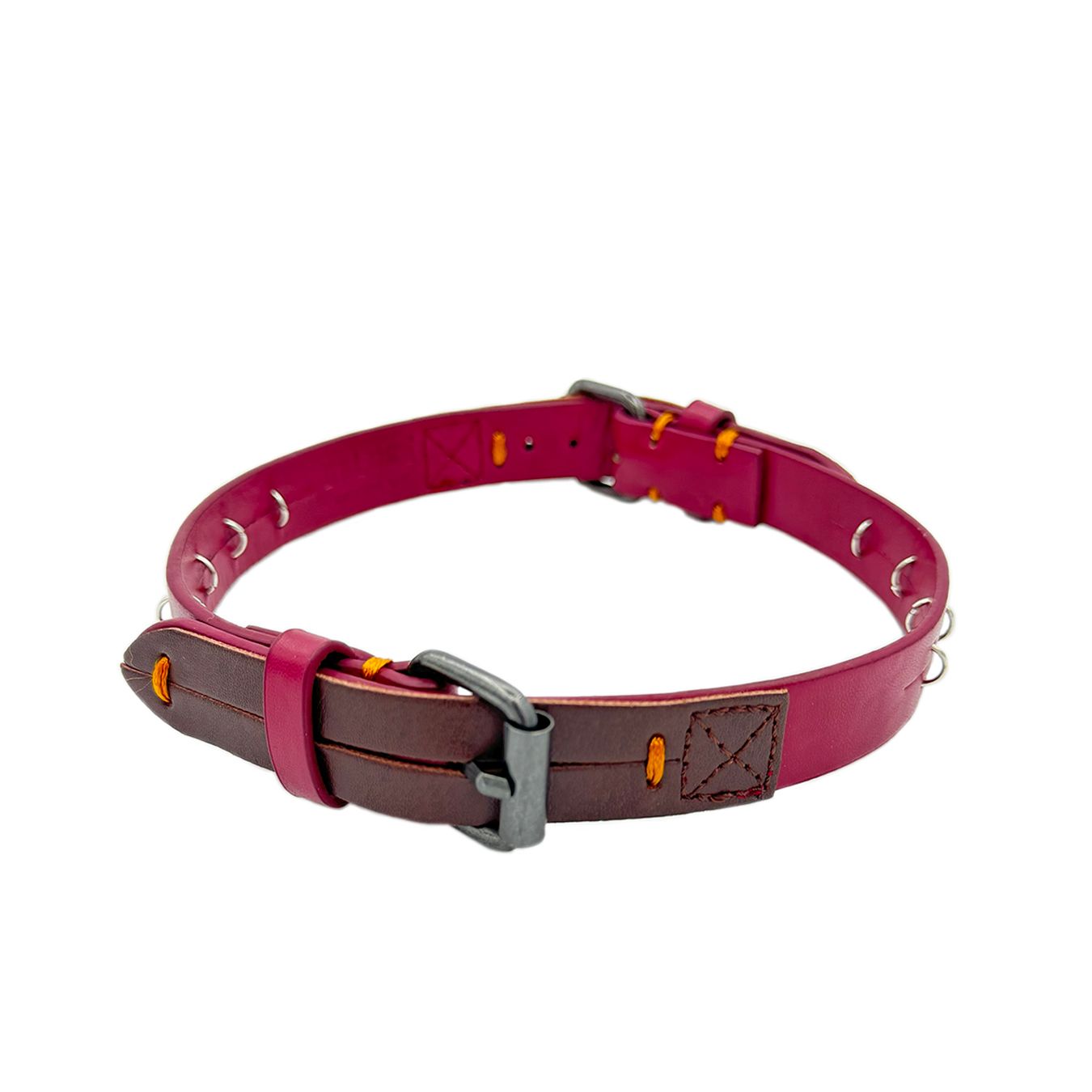 Daluse [Ember] Red Leather Silver Ring Stitching Splicing 2-In-1 Choker And Cuffs