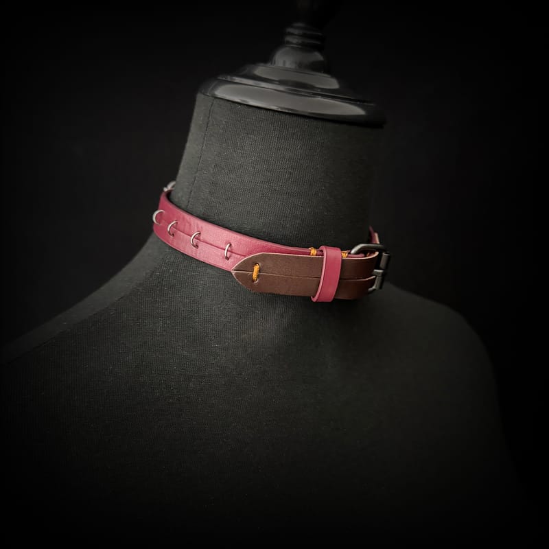 Daluse [Ember] Red Leather Silver Ring Stitching Splicing 2-In-1 Choker And Cuffs