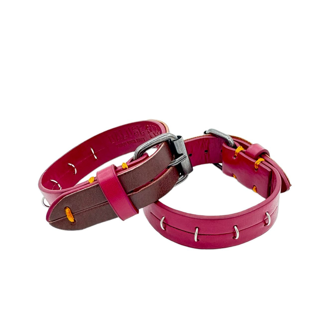 Daluse [Ember] Red Leather Silver Ring Stitching Splicing 2-In-1 Choker And Cuffs
