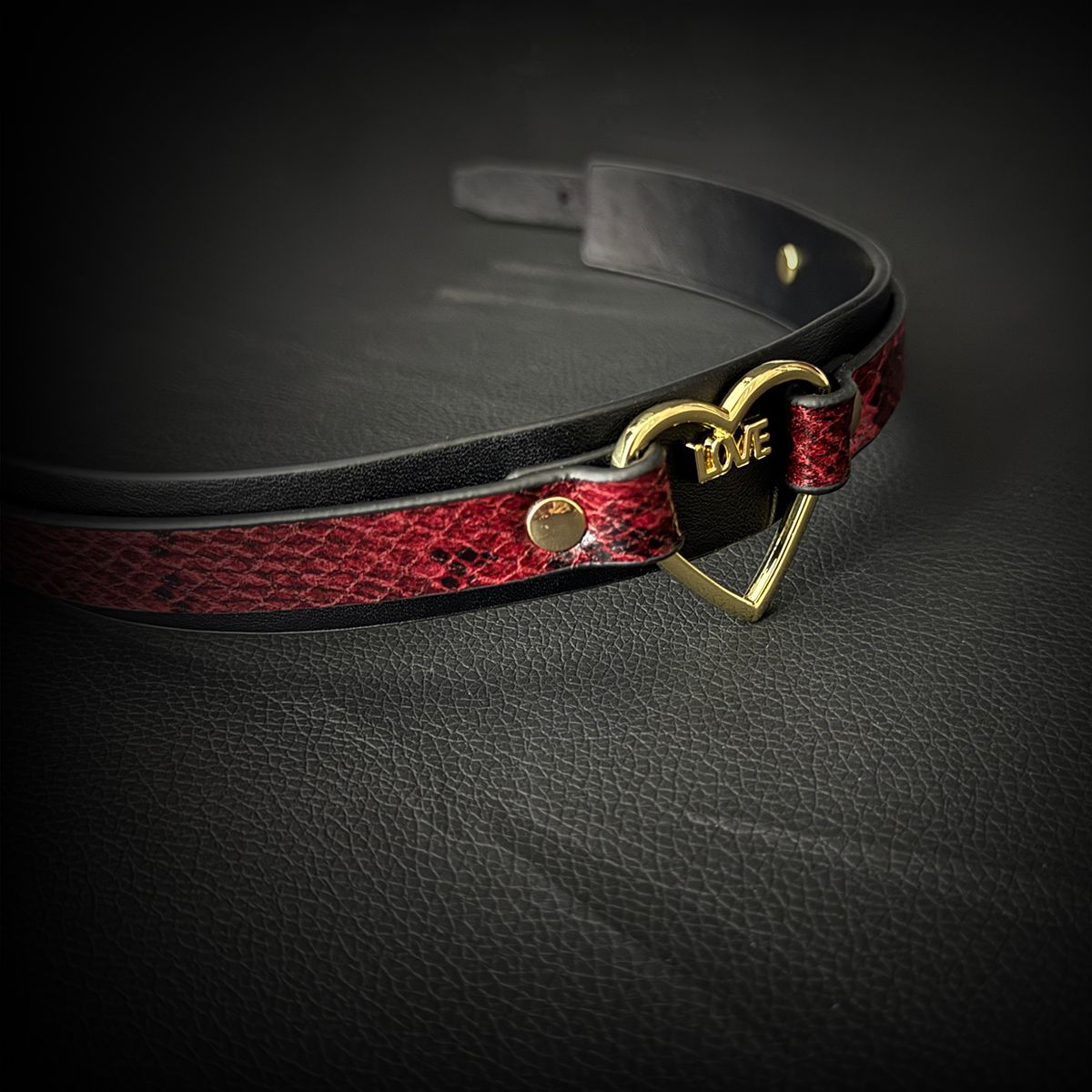 Daluse [Amorette] Gold Heart Ring Red Black Snake Pattern Double Leather Choker