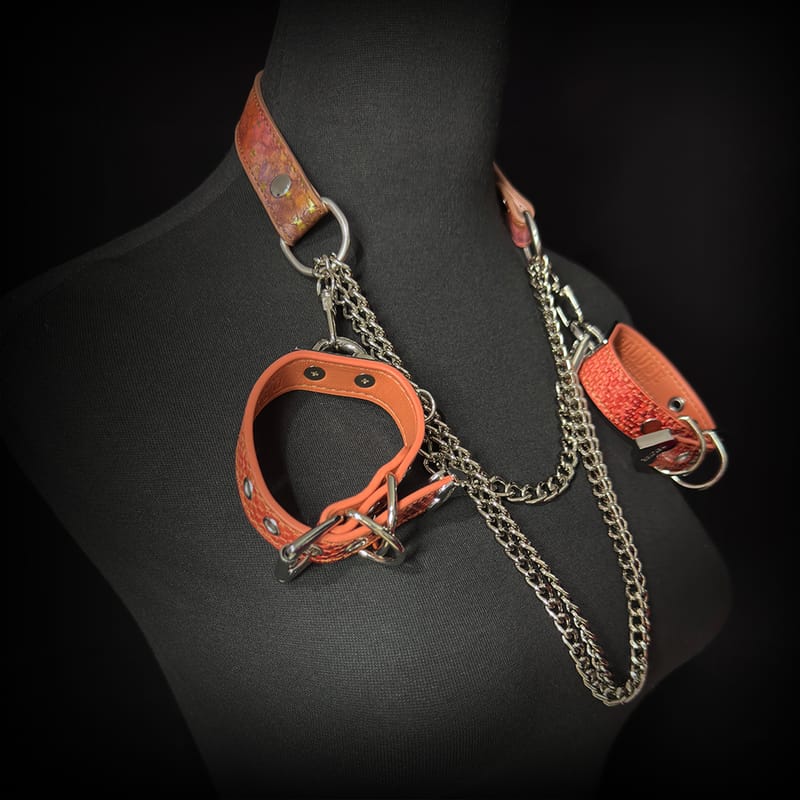 Daluse [Mavis] Gold Speckled Purple Orange Snake Leather Adjustable Chain Choker And Snake Pattern Cuff Combination