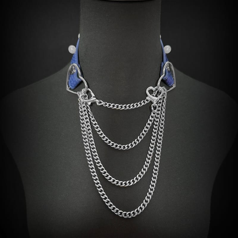 Daluse [Maisie] Blue Snakeskin Pearl Heart-Shaped Buckle Choker, Titanium Steel Chain Double Chain Adjustment Necklace