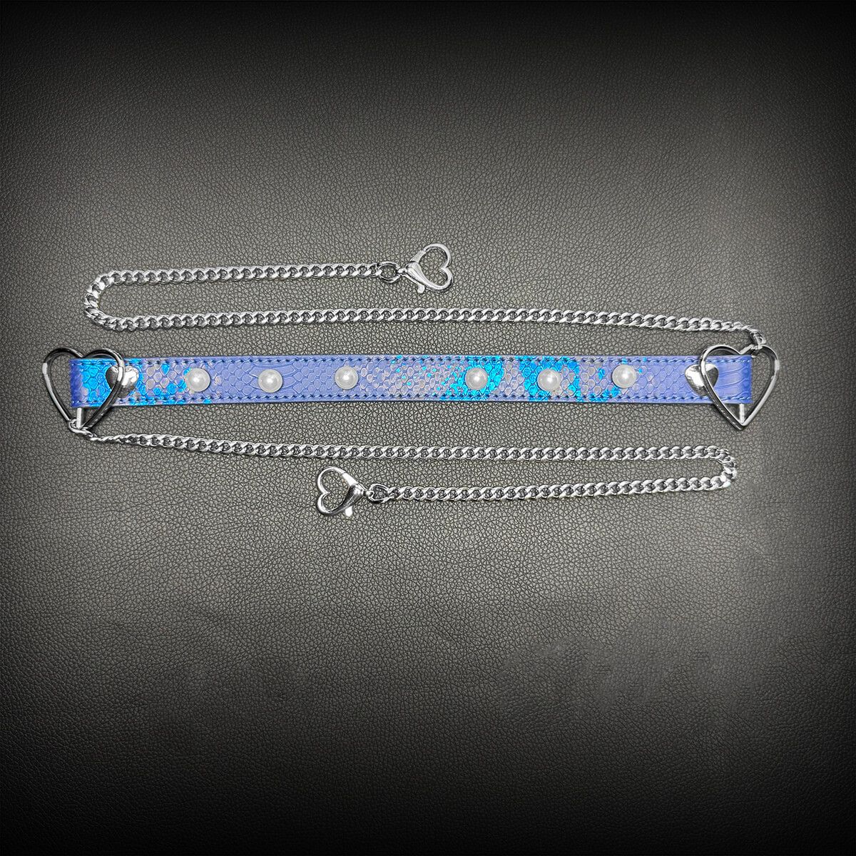 Daluse [Maisie] Blue Snakeskin Pearl Heart-Shaped Buckle Choker, Titanium Steel Chain Double Chain Adjustment Necklace