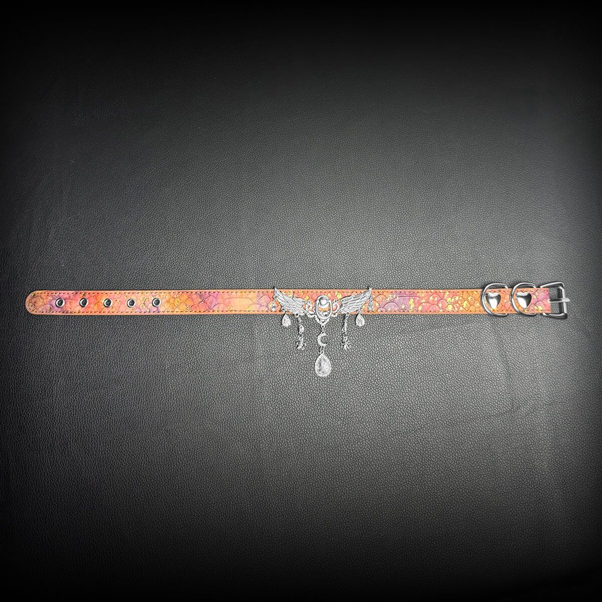 Daluse [Seraphina] Gold Spotted Purple Orange Snake Leather Choker Angel Wings Crystal Pendant Adjustment Necklace