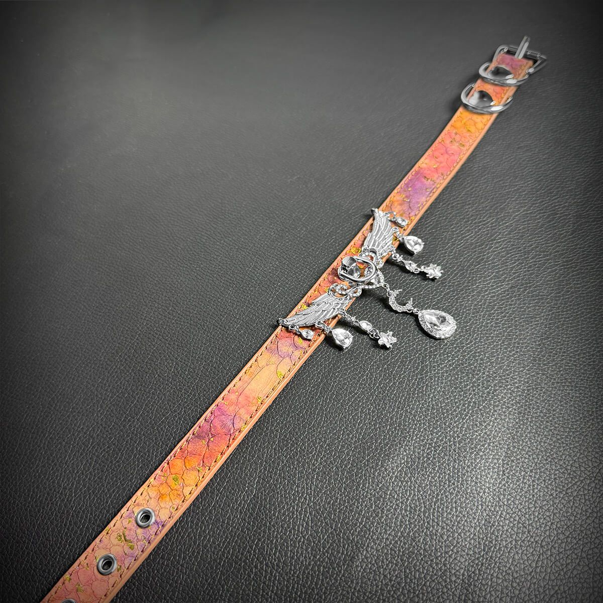 Daluse [Seraphina] Gold Spotted Purple Orange Snake Leather Choker Angel Wings Crystal Pendant Adjustment Necklace