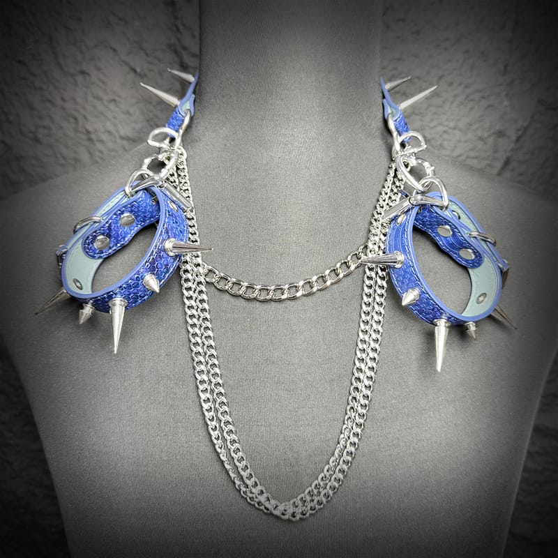 Daluse Blue Snake Leather Double Titanium Steel Chain Rivets Choker Collar Necklace And Adjustable Cuff Bracelets Combination Set