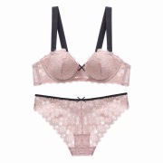 French sexy girl lingerie women's large shoulder strap half cup gathered thin crochet lace bra panty set