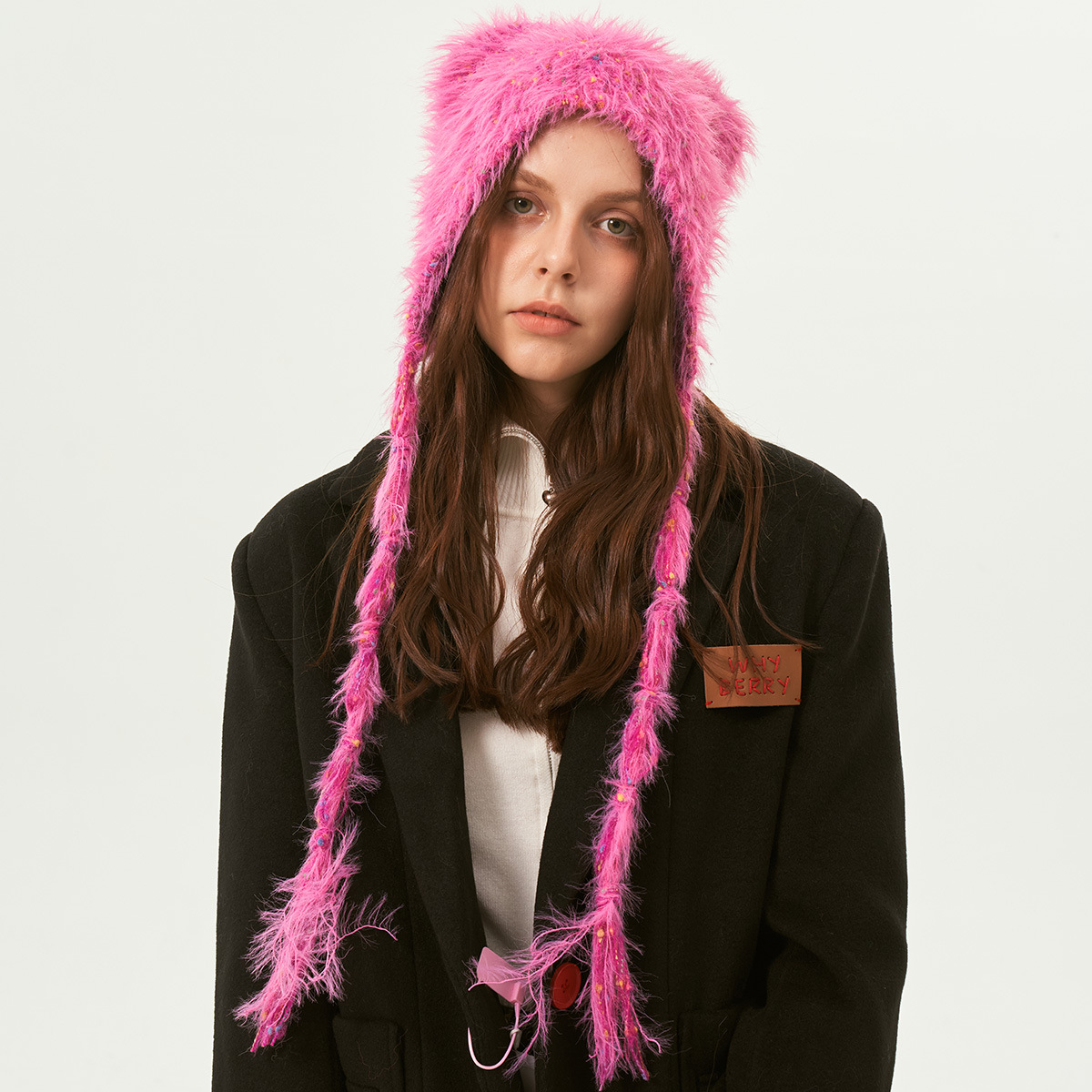 Original design dopamine color dot strappy beanie women's winter warm pullover cute cold hat bear hat