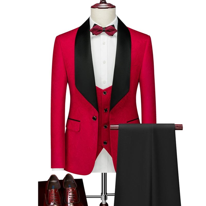 （Jacket+Vest+Pants）Men's Luxury Jacquard With Black Satin Collar Suit Tuxedo Groom Wedding Slim Fit Business Social Dress Suits