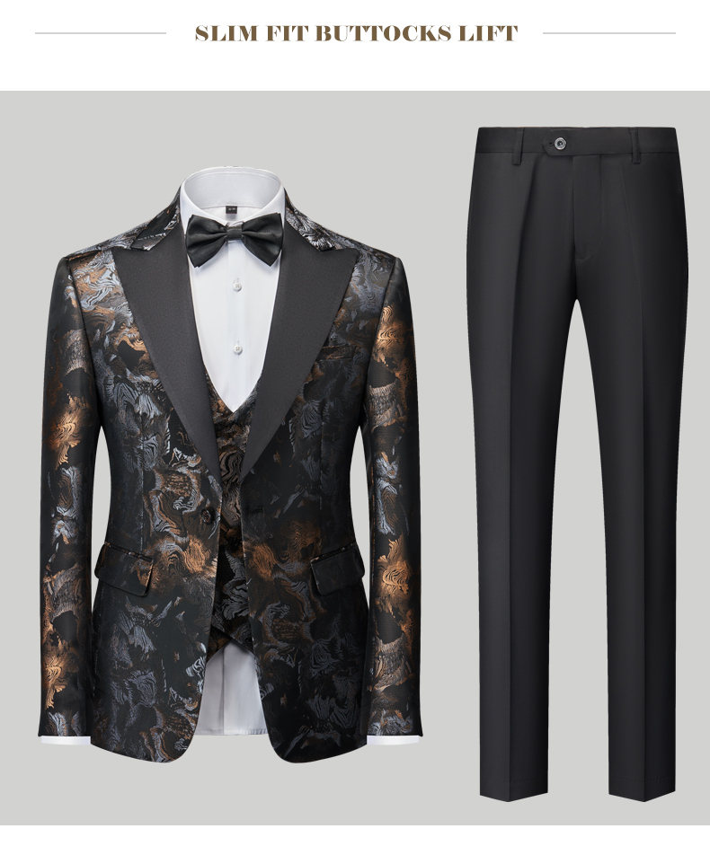 Classic Luxury Jacquard Men Suits For Wedding 3 Piece Jacket Vest Pant Groom Tuxedos Male Fashion Business Prom Social Dress Set
