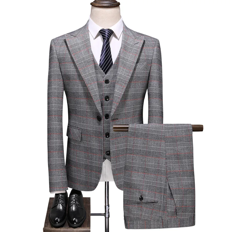 ( Blazer + Vest + Pants ) 2023 New Light Grey Retro Plaid Suit Mens Business Wedding Party 3 Pieces Men Formal Work Dress Suit