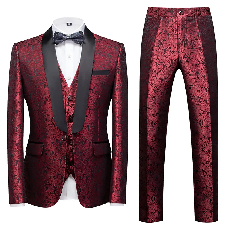 (Jacket+Vest+Pants)7 Colors Jacquard Wedding Tuxedos Suit Men Groom Suits 3 Pieces Sets Formal Men's Slim Fit Prom Party Costume