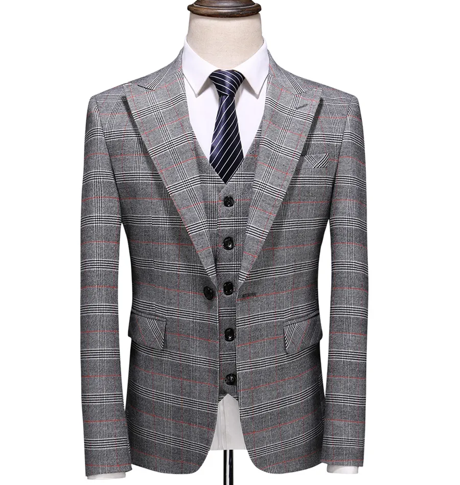 ( Blazer + Vest + Pants ) 2023 New Light Grey Retro Plaid Suit Mens Business Wedding Party 3 Pieces Men Formal Work Dress Suit