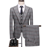 ( Blazer + Vest + Pants ) 2023 New Light Grey Retro Plaid Suit Men's Business Wedding Party 3 Pieces Men Formal Work Dress Suit