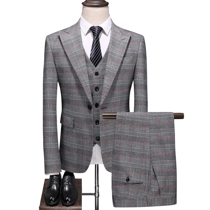 ( Blazer + Vest + Pants ) 2023 New Light Grey Retro Plaid Suit Men's Business Wedding Party 3 Pieces Men Formal Work Dress Suit