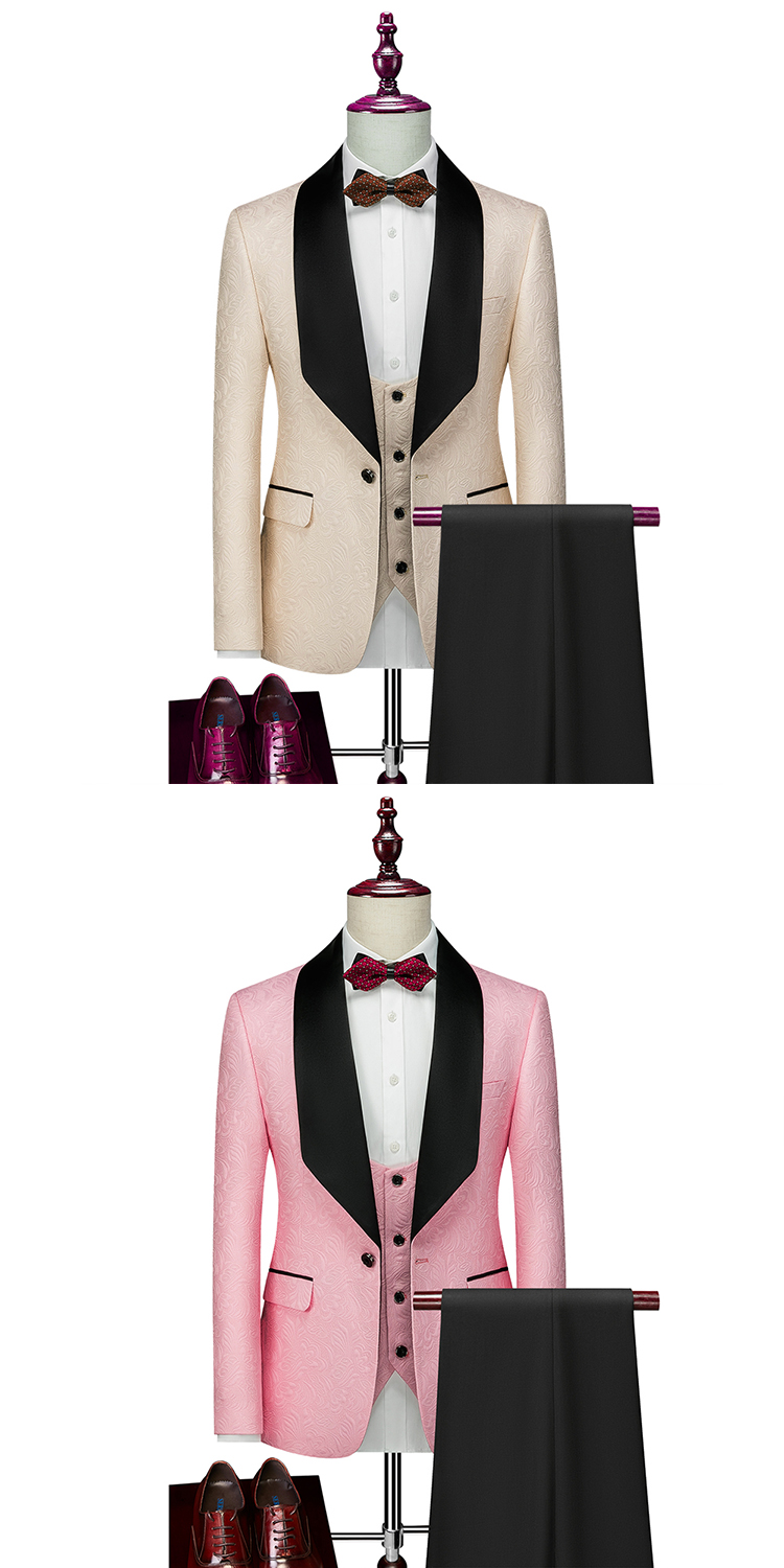 （Jacket+Vest+Pants）Mens Luxury Jacquard With Black Satin Collar Suit Tuxedo Groom Wedding Slim Fit Business Social Dress Suits