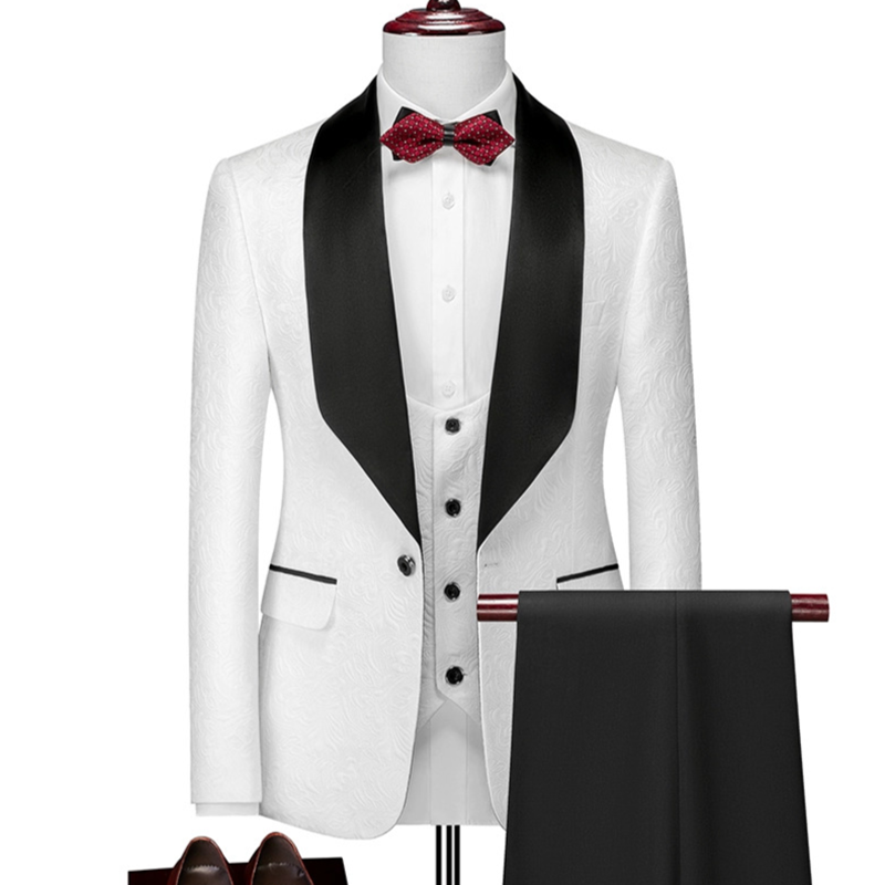 （Jacket+Vest+Pants）Men's Luxury Jacquard With Black Satin Collar Suit Tuxedo Groom Wedding Slim Fit Business Social Dress Suits