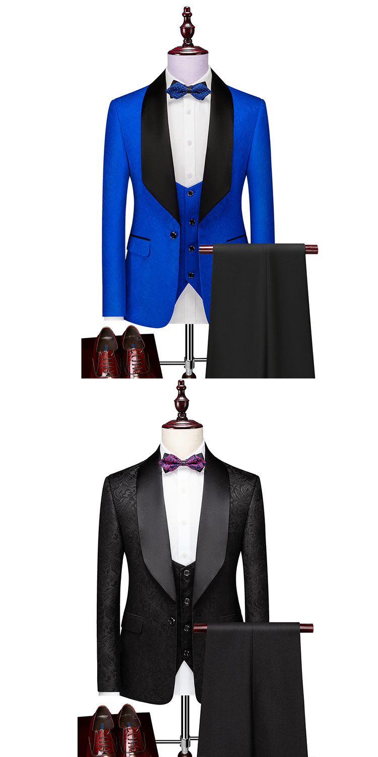（Jacket+Vest+Pants）Mens Luxury Jacquard With Black Satin Collar Suit Tuxedo Groom Wedding Slim Fit Business Social Dress Suits