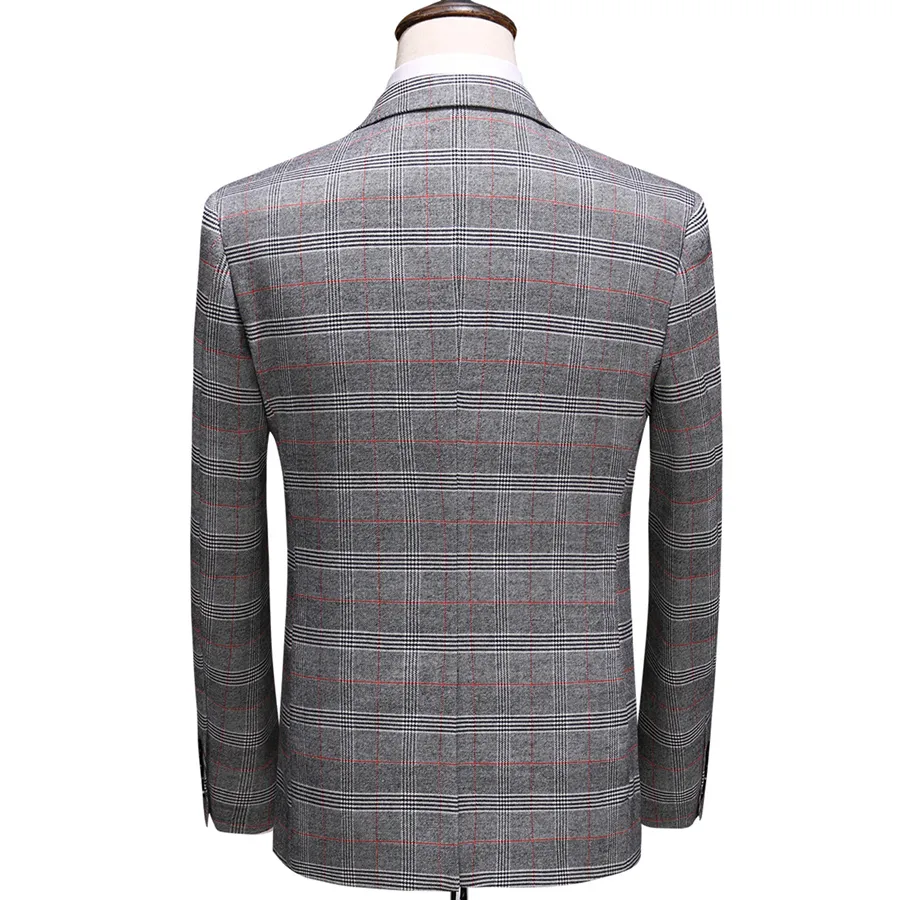 ( Blazer + Vest + Pants ) 2023 New Light Grey Retro Plaid Suit Mens Business Wedding Party 3 Pieces Men Formal Work Dress Suit