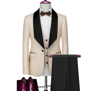 （Jacket+Vest+Pants）Men's Luxury Jacquard With Black Satin Collar Suit Tuxedo Groom Wedding Slim Fit Business Social Dress Suits